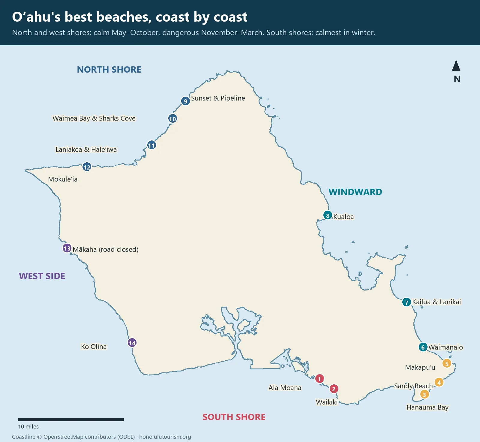 Map of the best beaches in Oahu by coast, from Ala Moana and Hanauma Bay to Waimea Bay and Ko Olina