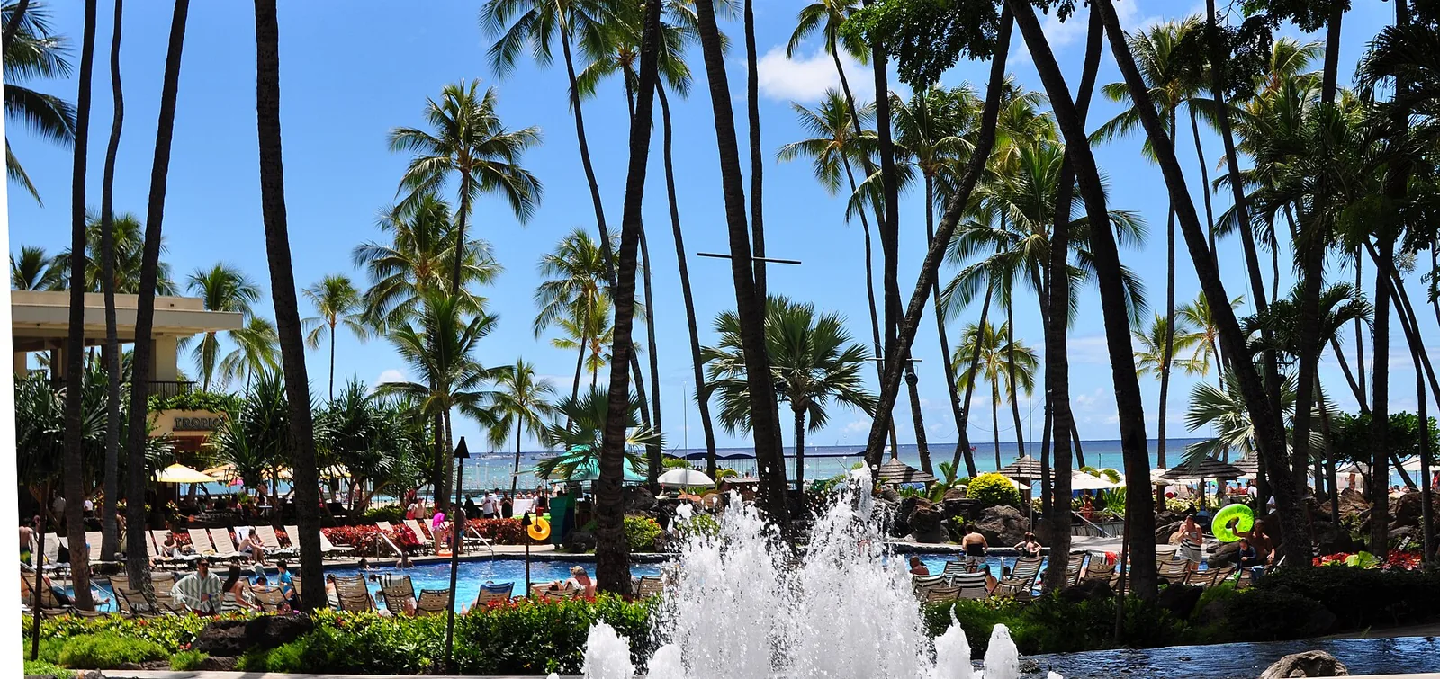 A fountain and pool among tall palm trees at Hilton Hawaiian Village, with the beach beyond