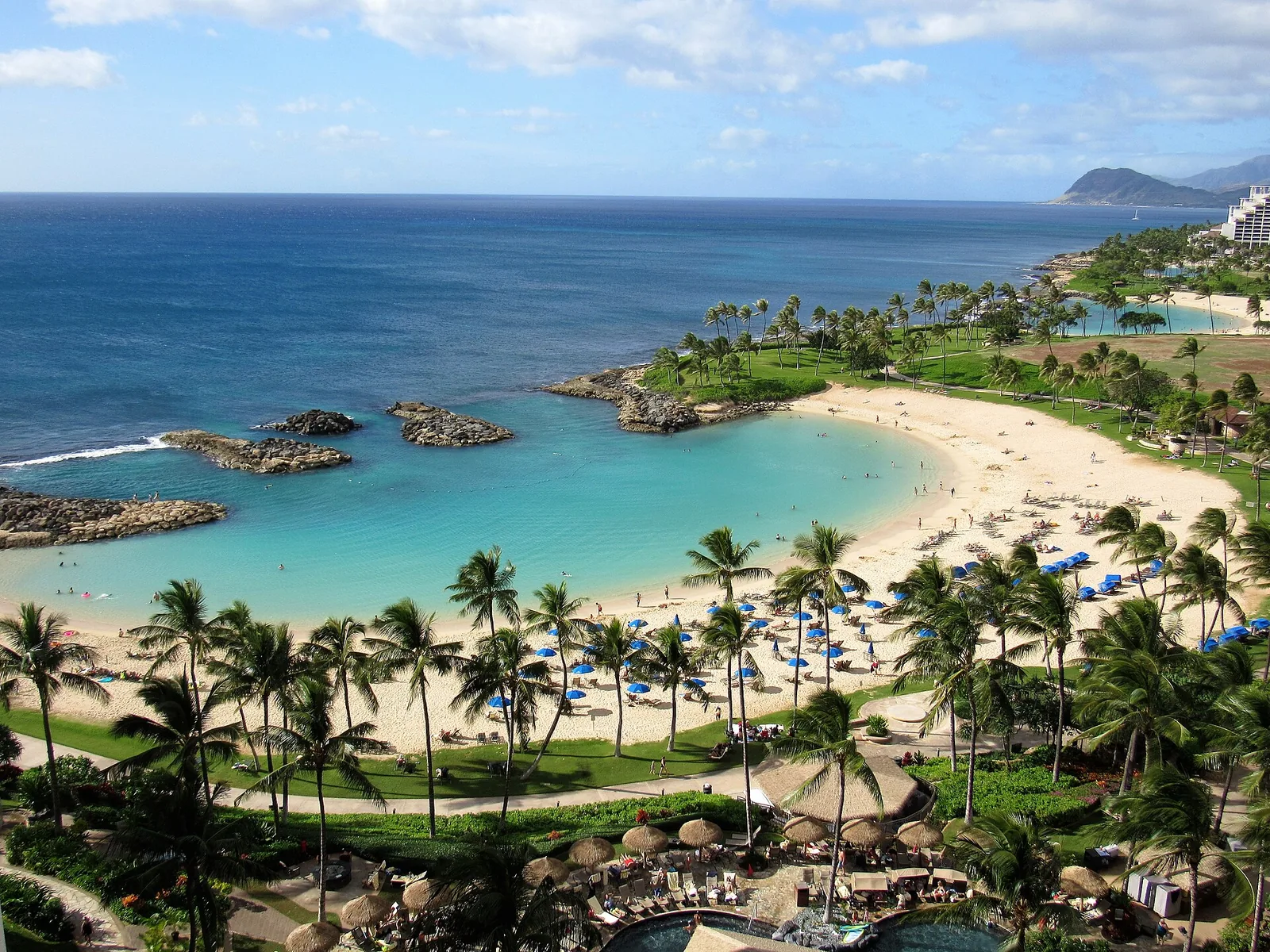 Aerial view of the sheltered, crescent-shaped lagoons and beaches at Ko Olina on Oahu's west side