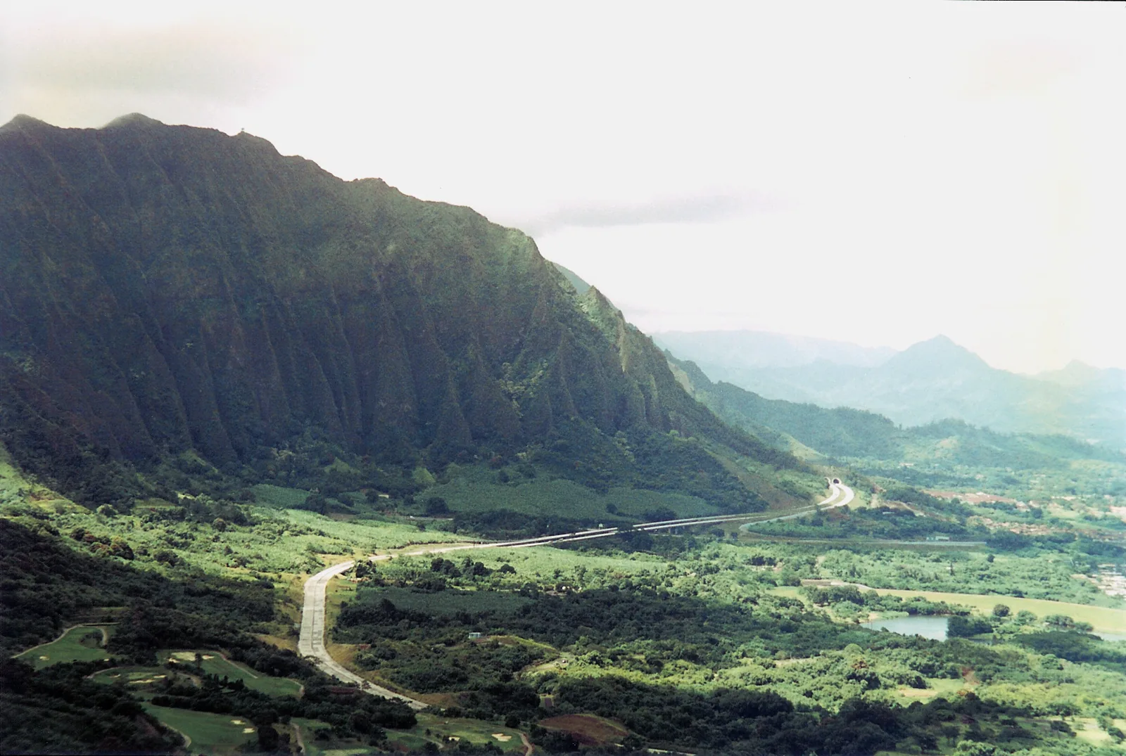 The green Koolau cliffs of Nuuanu Pali falling towards the windward side of Oahu
