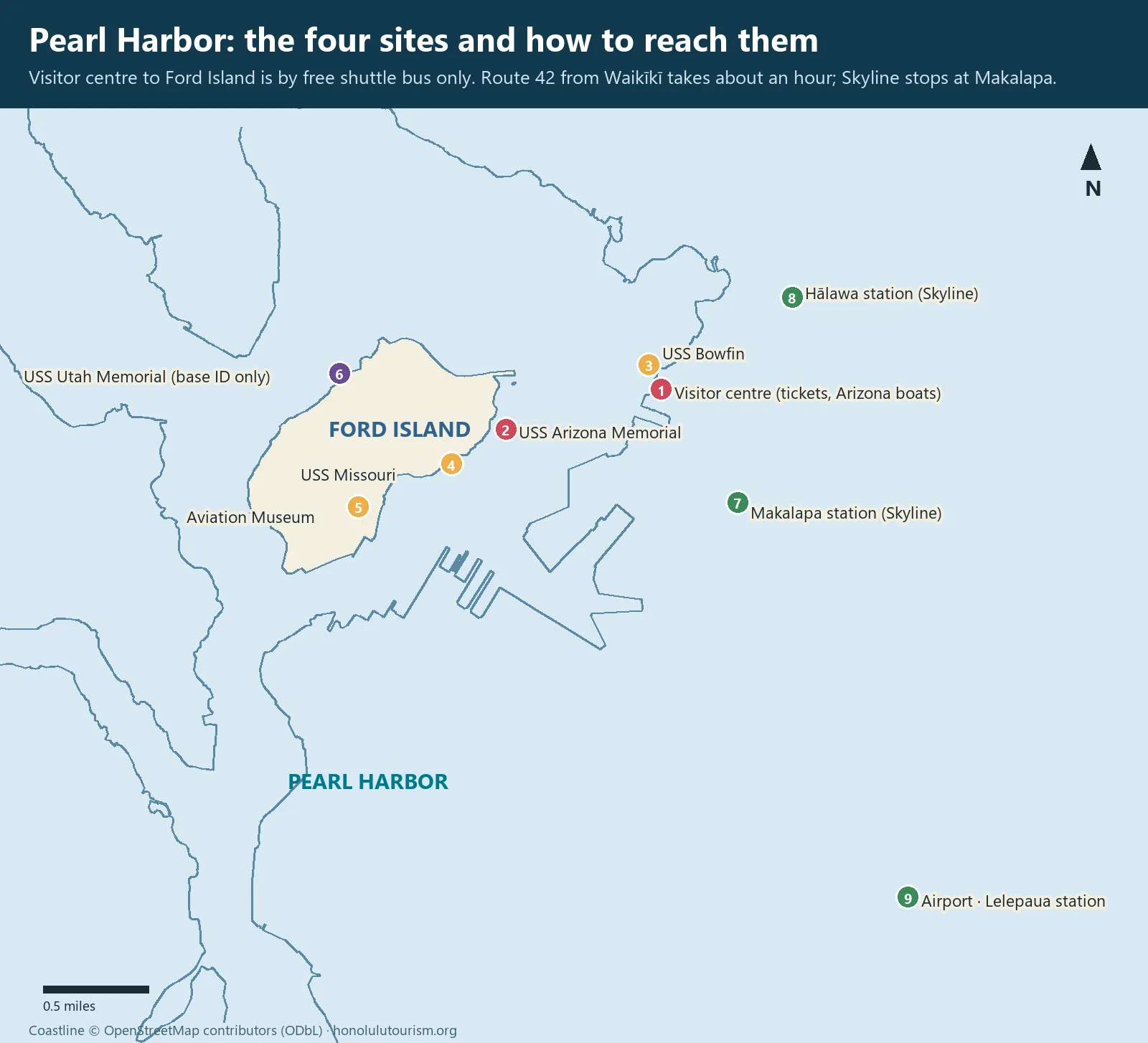 Map of Pearl Harbor showing the visitor center, USS Arizona Memorial, Ford Island sites and Skyline stations