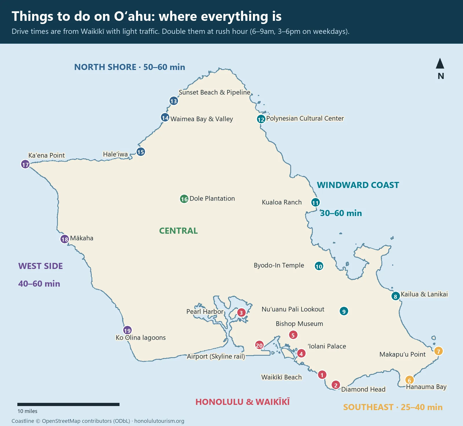 Map of things to do in Oahu marking Waikiki, Diamond Head, Pearl Harbor, Hanauma Bay, the windward coast, the North Shore and the west side, with drive times from Waikiki