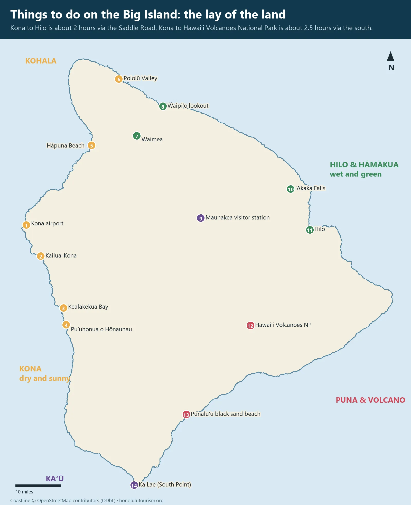 Map of things to do on the Big Island showing Kona, Kohala, Hilo, Maunakea and Hawaii Volcanoes National Park