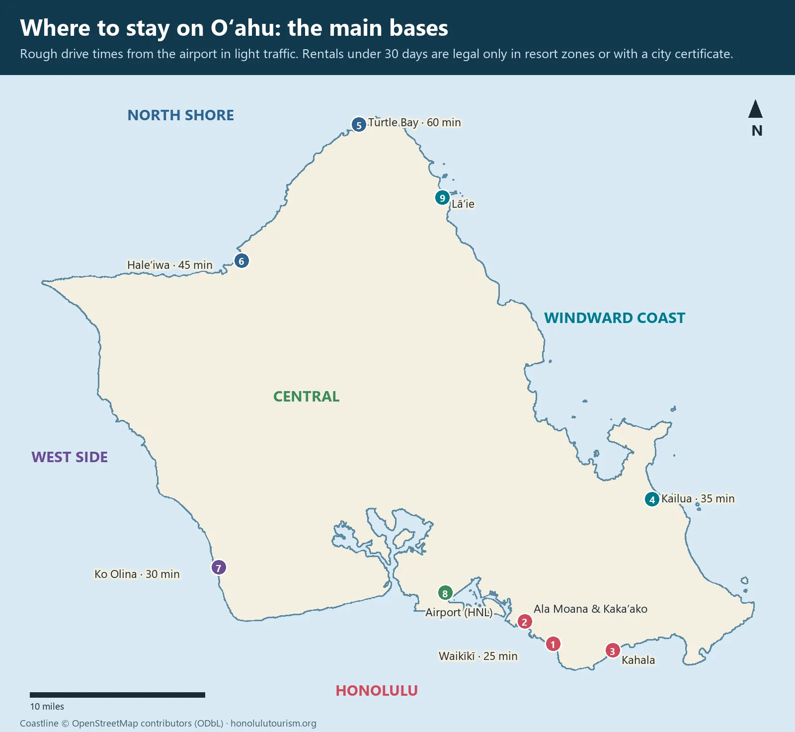Map of where to stay in Oahu, from Waikiki and Ko Olina to Turtle Bay and Kailua, with drive times from the airport