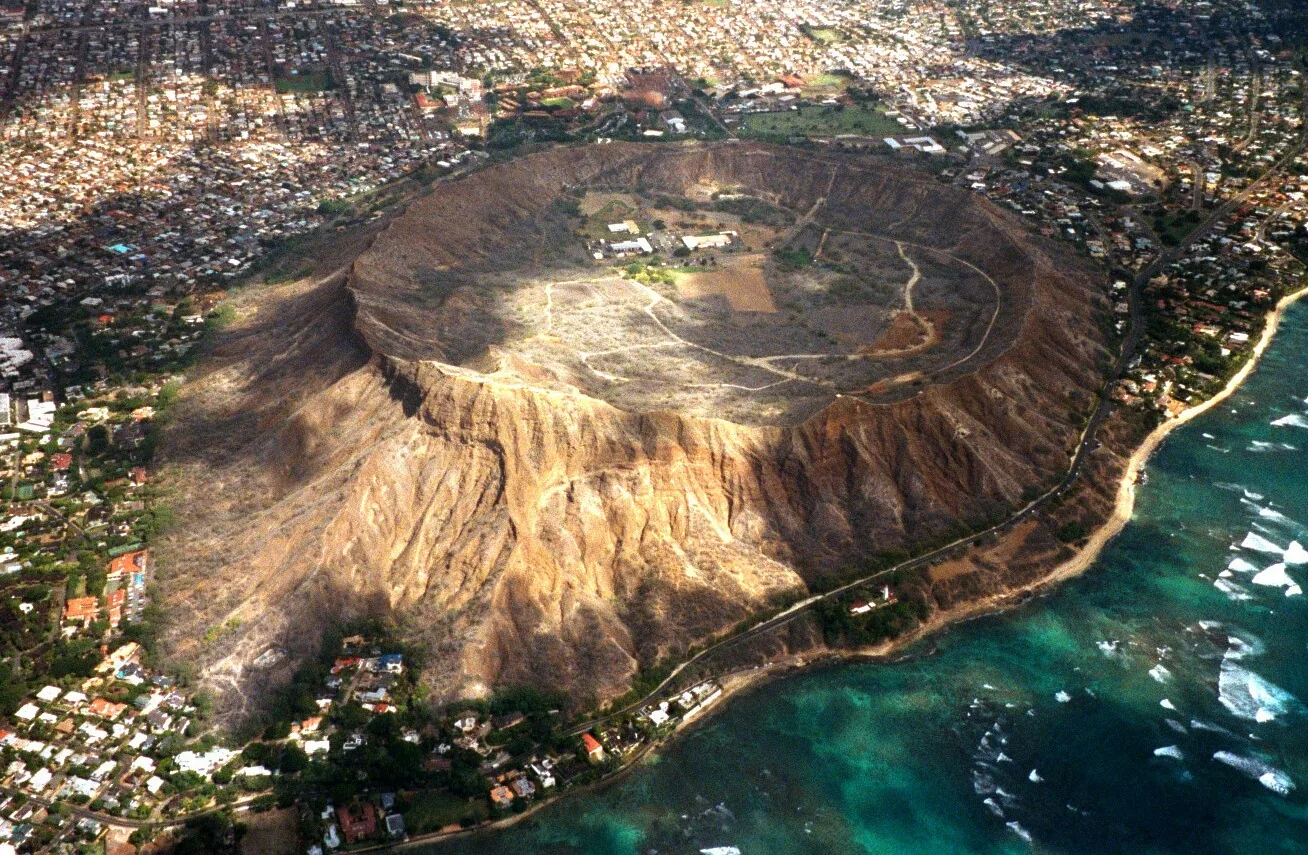 Aerial view of Diamond Head crater above Kahala and Waikiki, the setting of the Diamond Head hike