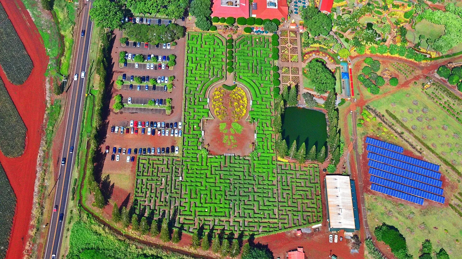Aerial view of the hedge maze and gardens at Dole Plantation in central Oahu