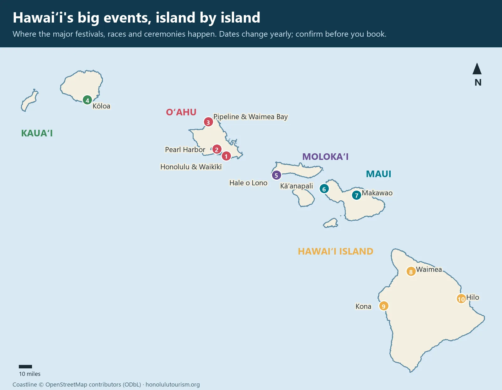 Map of major Hawaii events by island, from Honolulu and Pearl Harbor to Hilo, Kona and Kaanapali