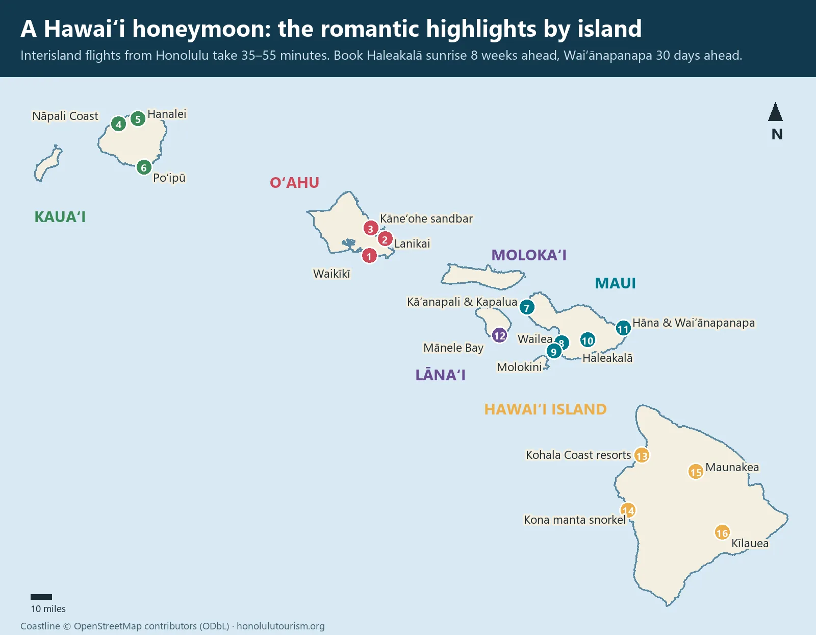 Map of romantic places across the Hawaiian Islands, from the Napali Coast to Haleakala and Kilauea