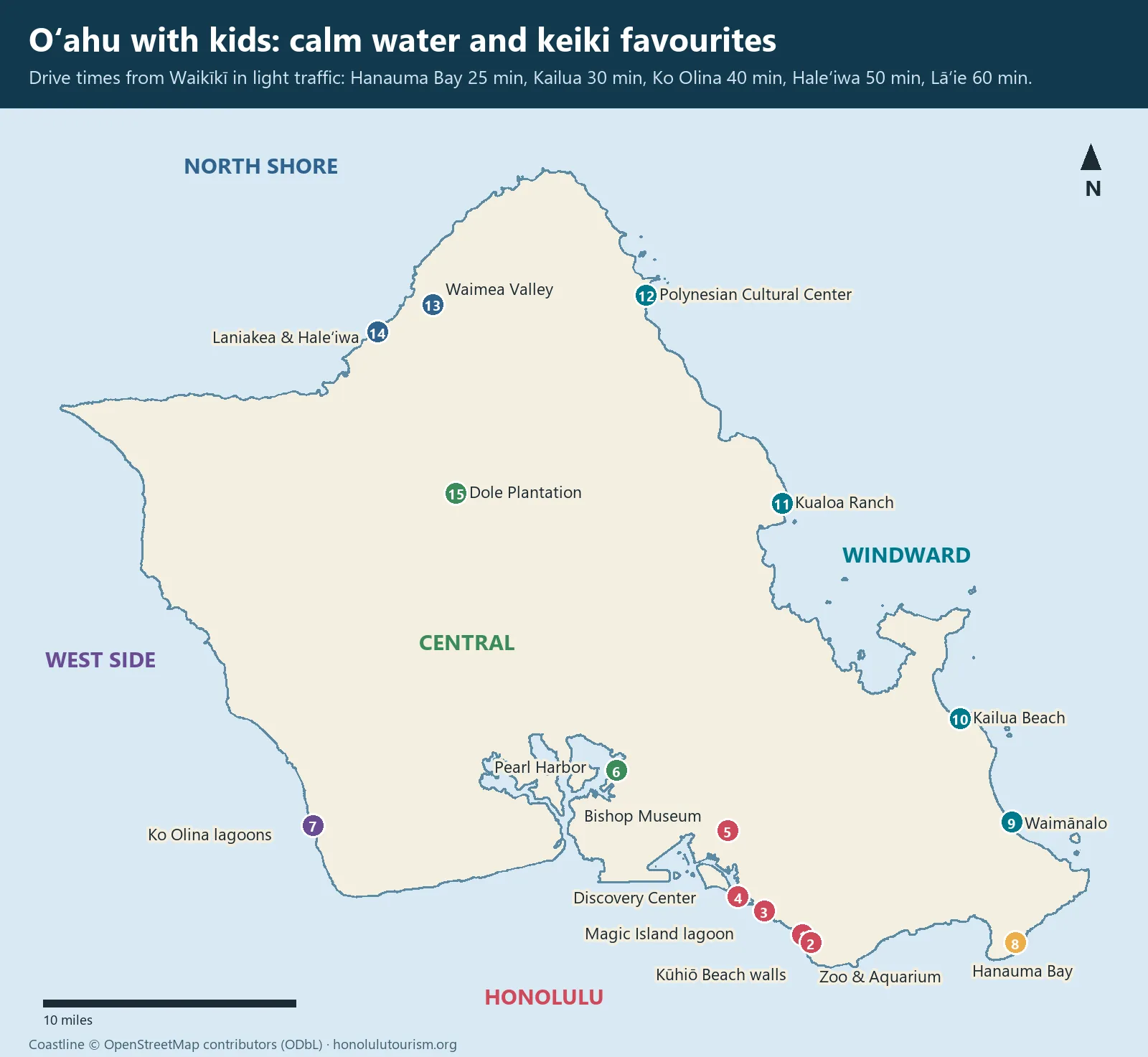 Map of family-friendly beaches and attractions on Oahu with drive times from Waikiki