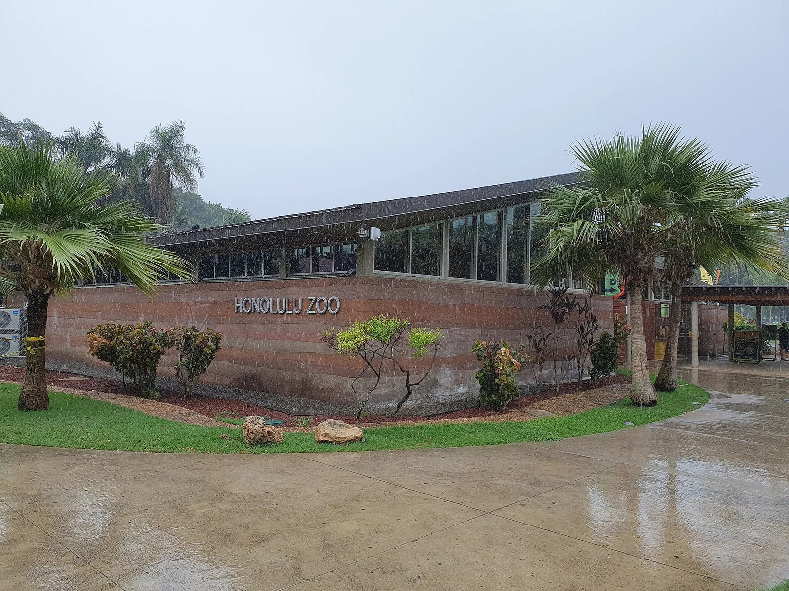 The Honolulu Zoo entrance building with its name on a low brick wall, palm trees and wet paving after rain