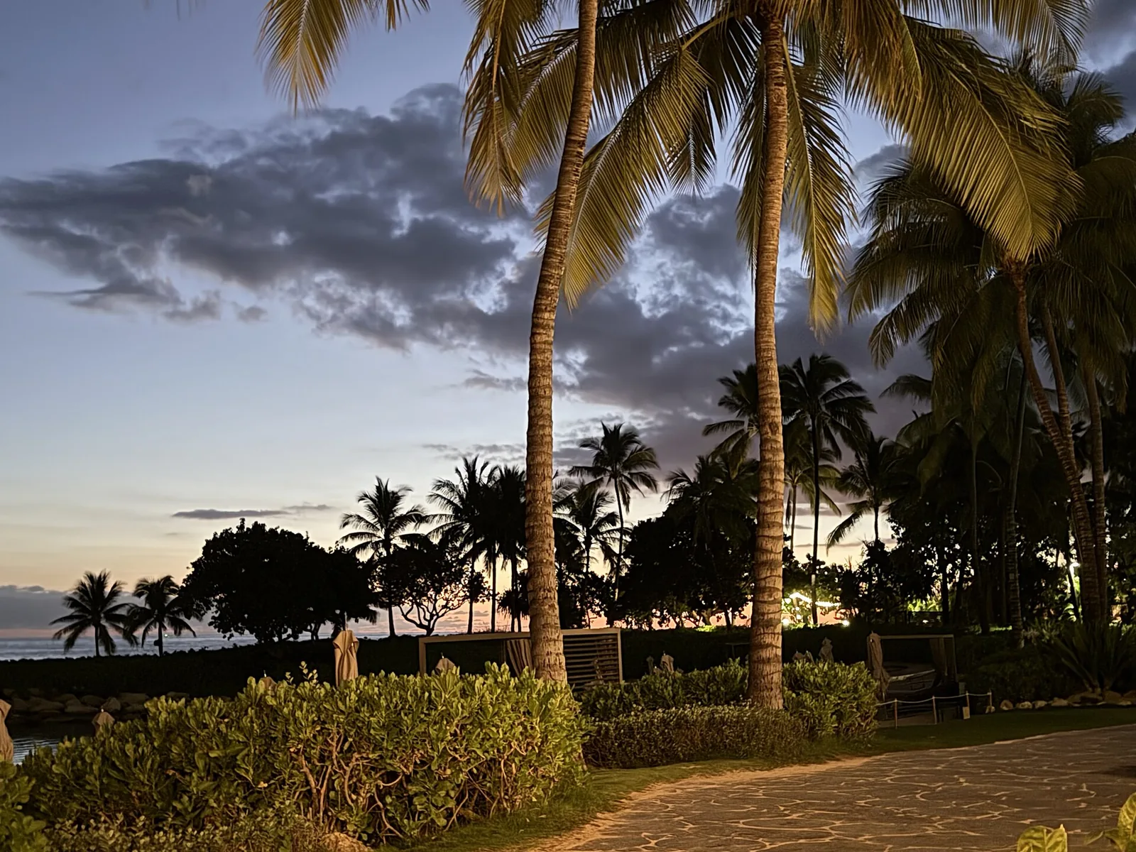 Palm trees and a paved path silhouetted against a blue and gold evening sky at Ko Olina