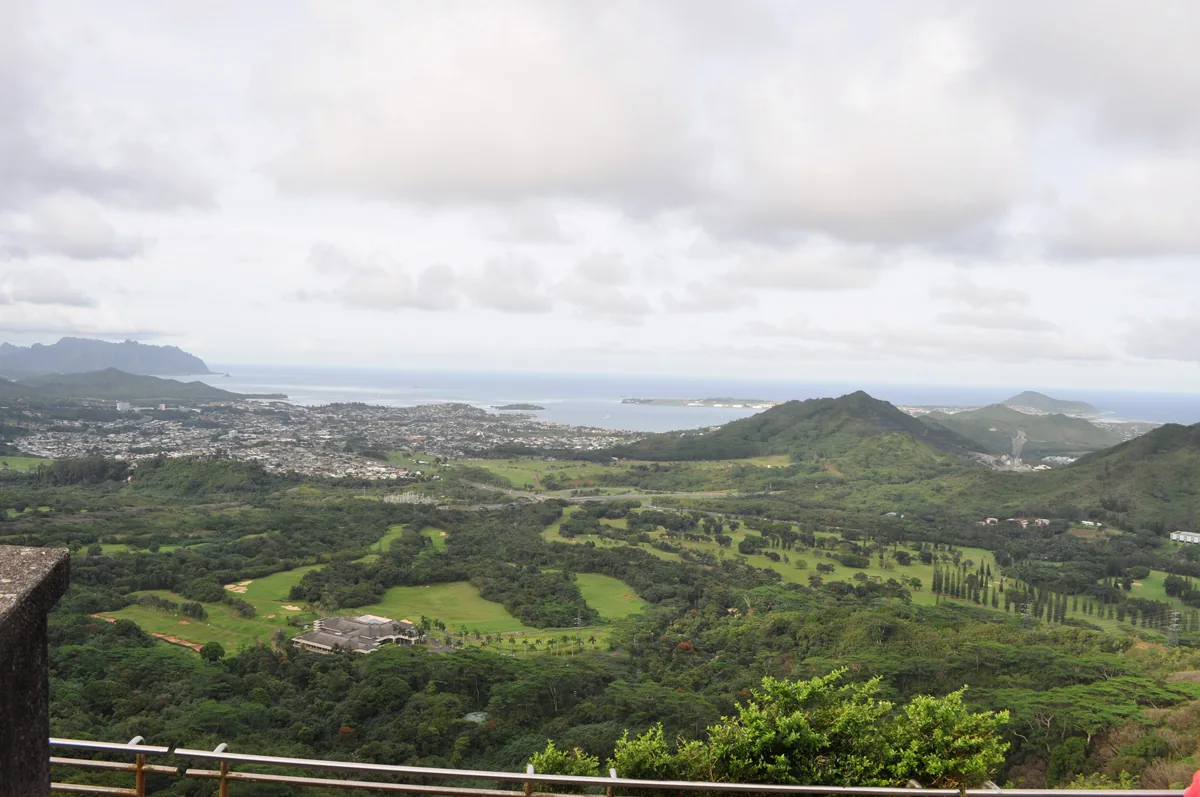 View from the Pali Lookout railing over Kaneohe and the windward coast of Oahu