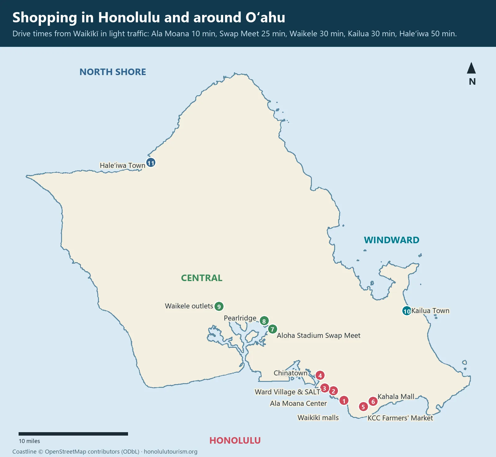 Map of shopping in Honolulu and around Oahu, from Ala Moana Center and Waikiki to the Aloha Stadium Swap Meet and Haleiwa