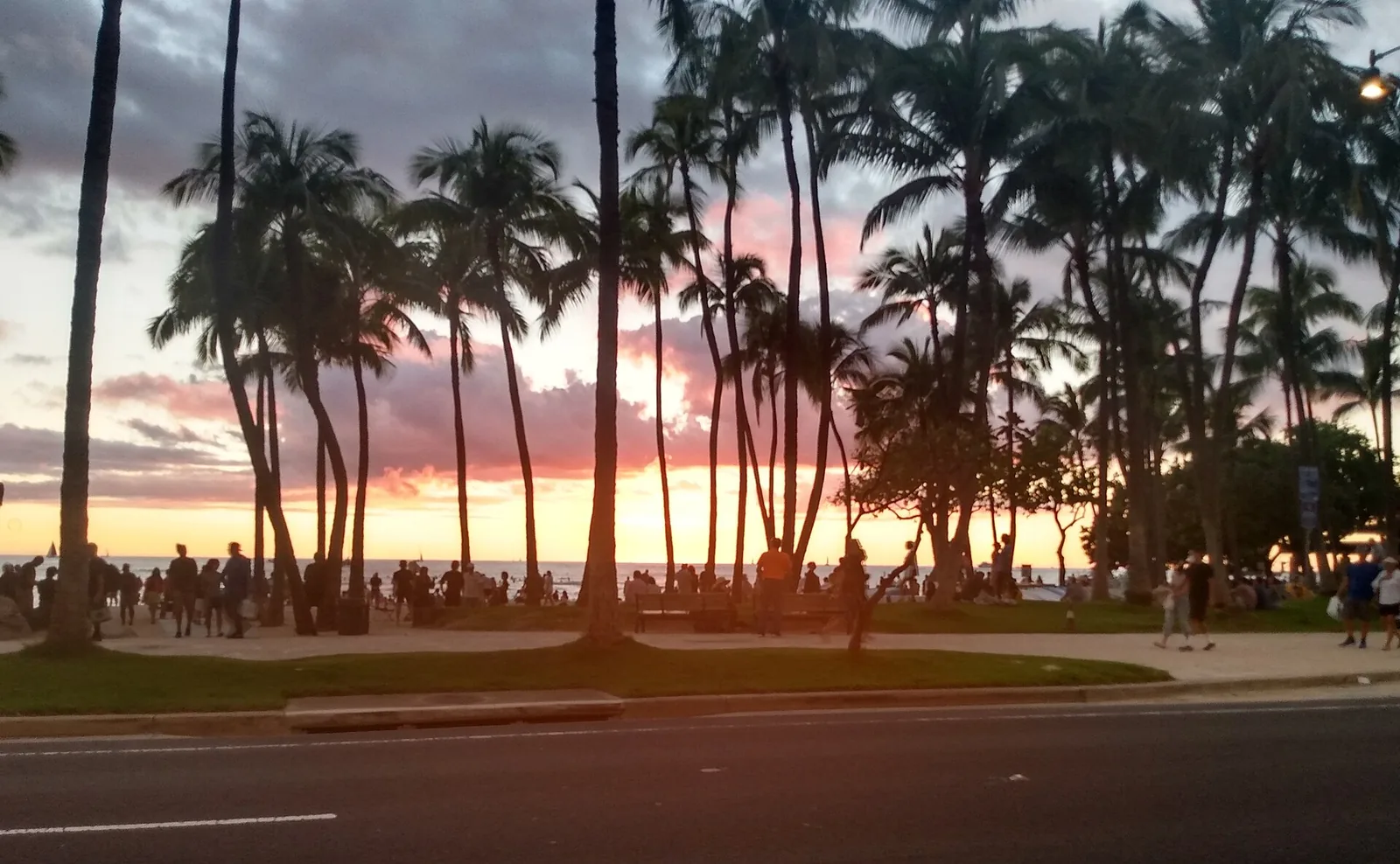 Palm trees silhouetted against an orange and pink sky over Waikiki, one of the best sunset spots Oahu has, with people along the beachfront